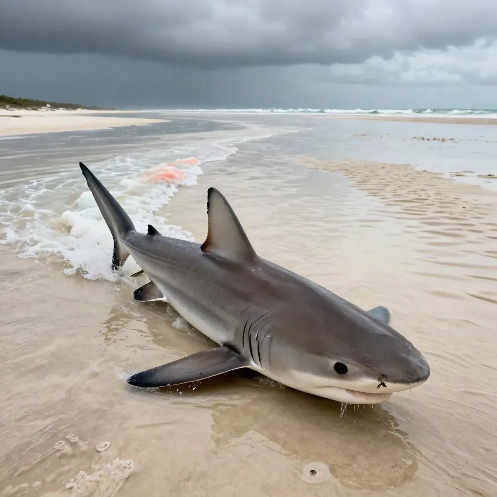 A dorsal fin and tail wake crossing a shallow sand flat beneath storm clouds.