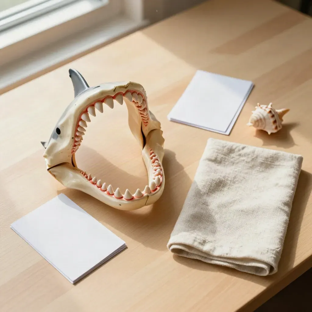 Top-down classroom learning kit with shark jaw replica, shell, cards and linen cloth.
