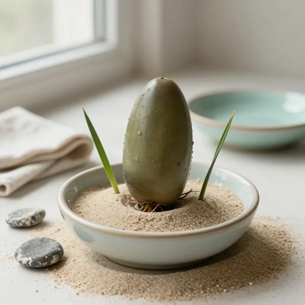 Mangrove propagule in a sand-filled bowl with seagrass and a salt-worn stone, softly lit on plaster.
